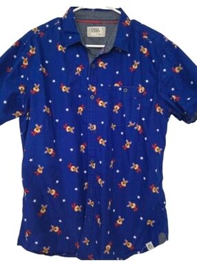 Free Planet Holiday Reindeer Print Button Down 100% Cotton XL Slim Cut
